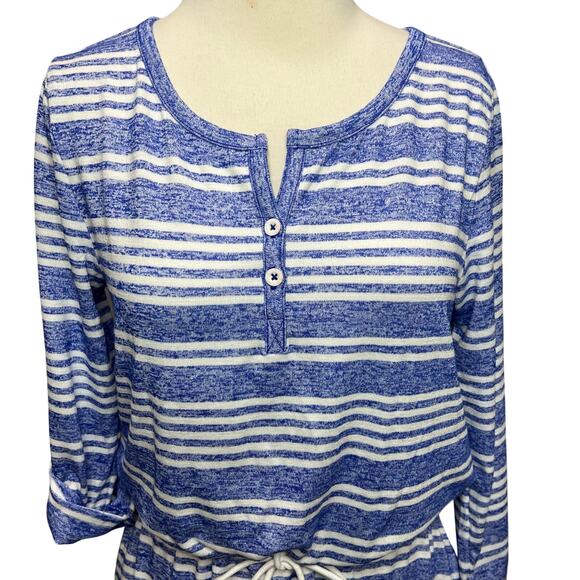 T by Talbots Dress M Blue White Stripe Drawstring Roll Tab Nautical Coastal Soft - Picture 3 of 13